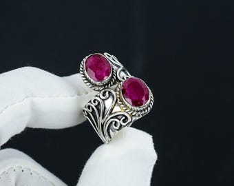 Kashmir Ruby Rings, 925 Sterling Silver Solid Rings, Boho Silver Rings, Ruby Gemstone Rings, Silver Double Stone Bohemian Ring For Gift