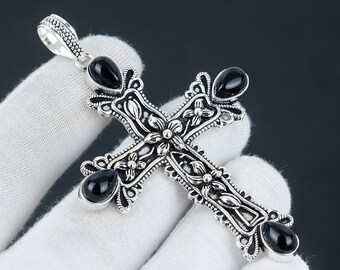 Black Onyx Gemstone Pendant Black Onyx Natural Gemstone Handmade 925 Sterling Silver Cross Pendant For Gifts Pendant For Her, Women Jewelry
