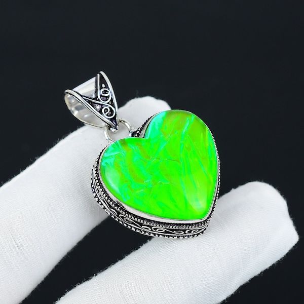 Green Triplet Fire Opal Gemstone Handmade 925 Sterling Silver Antique Pendant, Heart Shape Handmade Bohemian Pendant, Thanksgiving Gift