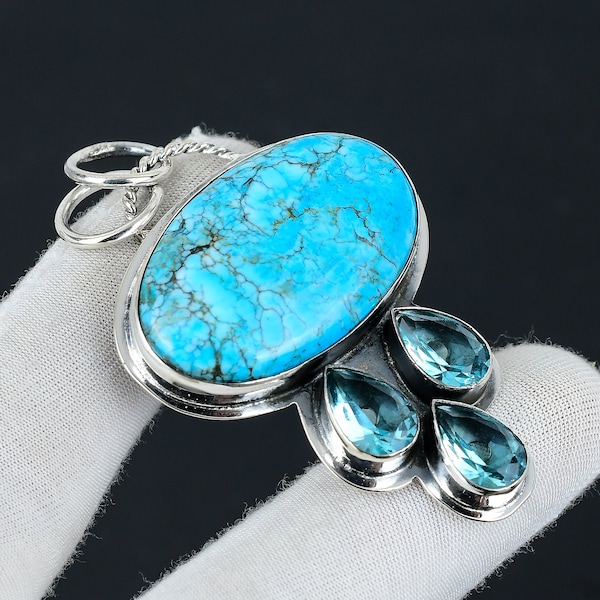 Tibetan Turquoise, Swiss Blue Topaz Gemstone Silver Pendant, 925 Sterling Silver Jewelry Pendant, Natural Turquoise Pendant For Women/ Gifts