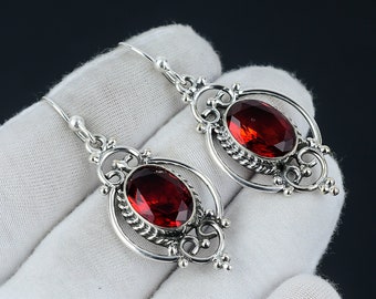 Red Garnet Earring, Red Garnet Silver Earring, Red Garnet Stone Earring, 925 Sterling Silver Earring, Gemstone Earring, Dangle Earring