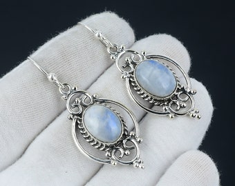 Rainbow Moonstone Earring, Moonstone Silver Earring, Oval Stone Earring, 925 Sterling Silver Earring, Gemstone Earring, Dangle Earring