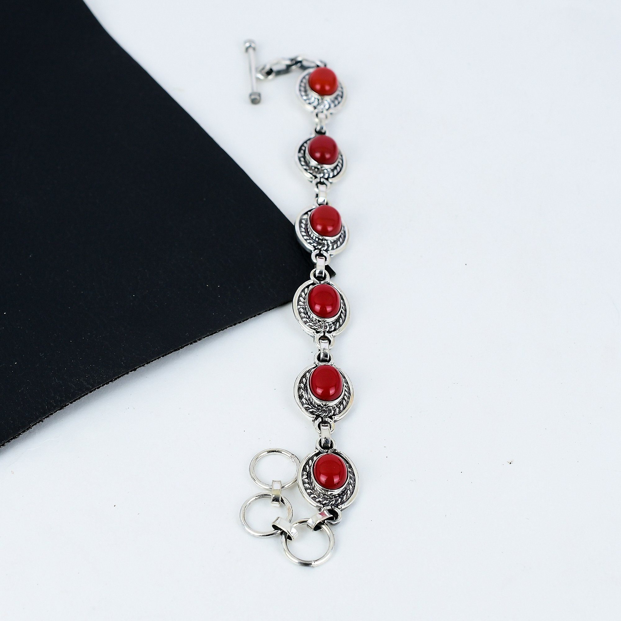Bracelet Ajustable Argent 925 & Grenat/corail Rouge - Bijou Fait Main Inde