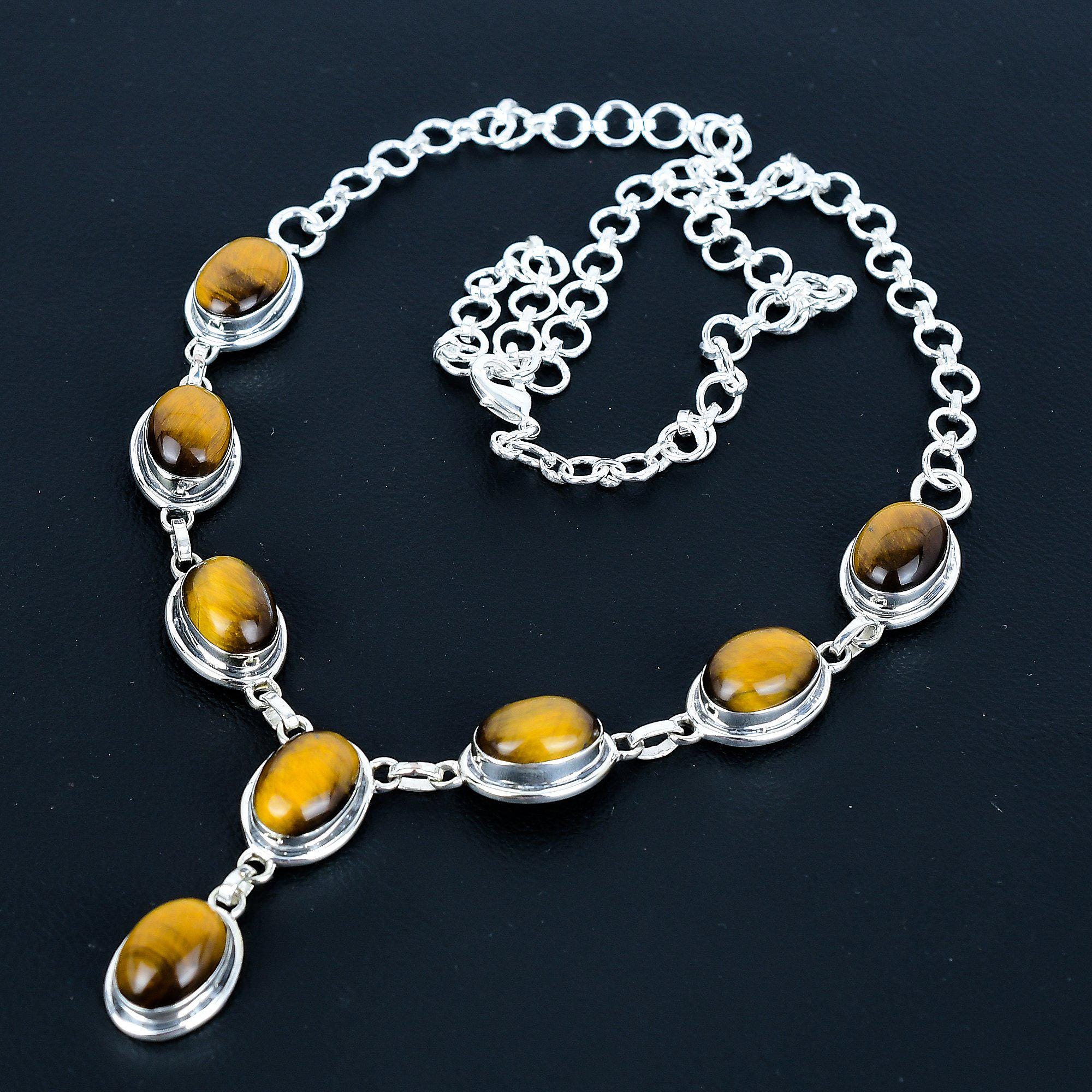 天然タイガーアイ宝石ネックレス 925スターリングシルバージュエリー