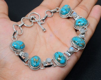 Blue Copper Turquoise With Moonstone Gemstone Bracelet Natural Gemstone 925 Sterling Silver Turquoise Bracelet For Gift To Someone You Love