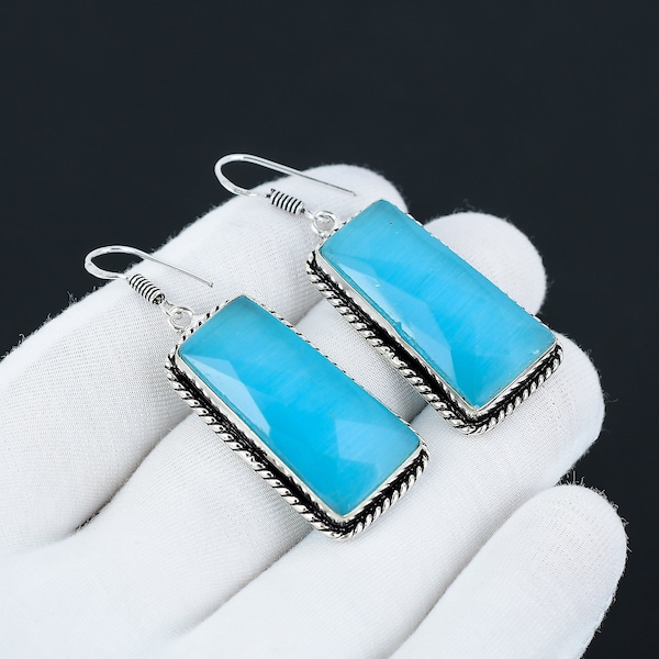 Blue Chalcedony Earring, 925 Sterling Silver Earring Beautiful Gemstone Chalcedony Cabochon Earring Birthday Earring Gift For Her For Women