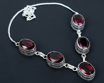 Rode granaat edelsteen handgemaakte 925 sterling zilveren ketting, antieke sieraden ketting, rode granaat ketting voor vrouwen, geboortesteen sieraden geschenken