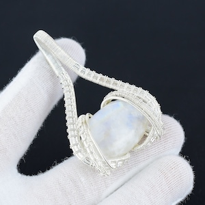 Natural Rainbow Moonstone Gemstone Pendant White Rainbow Gemstone Wire Wrapped Pendant 925 Sterling Silver Pendant Christmas Jewelry Gifts