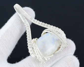 Natural Rainbow Moonstone Gemstone Pendant White Rainbow Gemstone Wire Wrapped Pendant 925 Sterling Silver Pendant Christmas Jewelry Gifts
