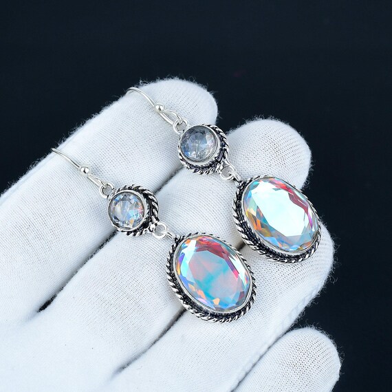 Boucles D'oreilles En Argent Avec Topaze Mystique Et Opale De Feu Bleu - Neuf Sans Emballage