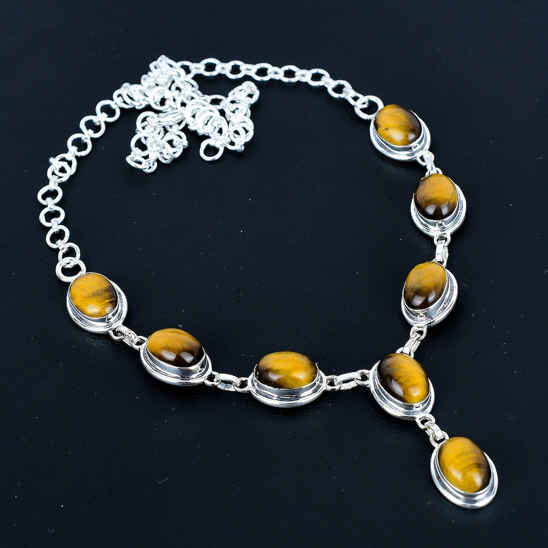 天然タイガーアイ宝石ネックレス 925スターリングシルバージュエリー