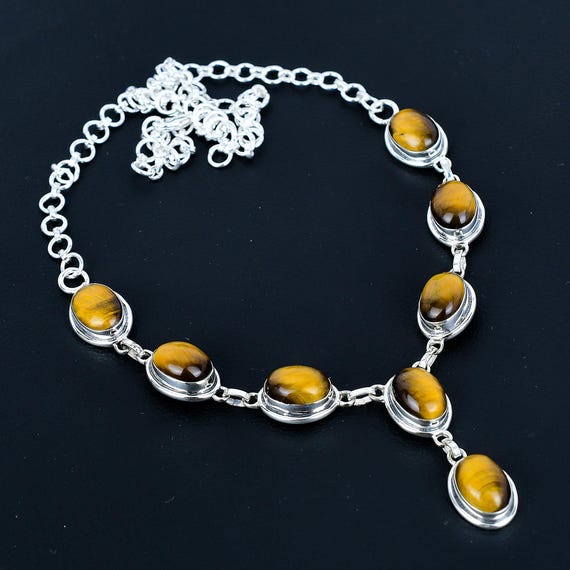 天然タイガーアイ宝石ネックレス 925スターリングシルバージュエリー