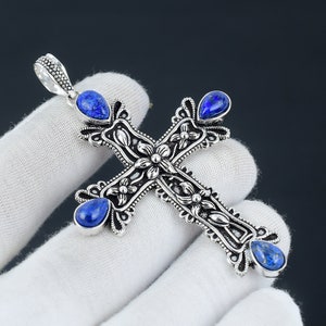 Lapis Lazuli Ädelstenshänge Lapis Lazuli Naturlig Ädelsten Handgjort 925 Sterling Silver Korshänge För Gåvor Hänge För Kvinnorsmycken