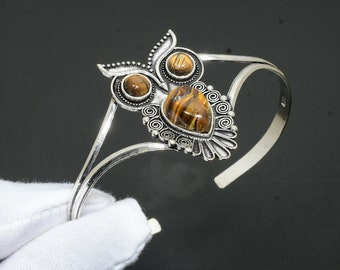 Tiger's Eye Gemstone Handmade Bangle, 925 Sterling Silver Bangle/Cuff, Tiger's Eye Multi Stone Cuff, Owl pattern Designer Bangle For Gifts
