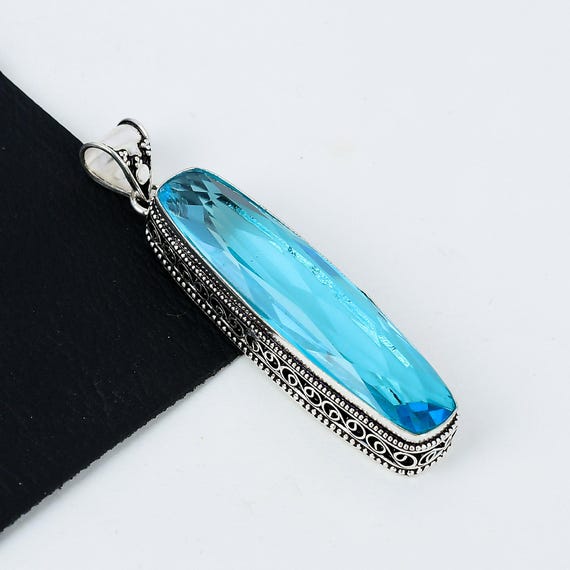 Ciondolo Antico In Argento Sterling 925 Fatto A Mano Con Pietra Preziosa Di Topazio Blu Svizzero, Ciondolo In Argento Boho Fatto A Mano, Regalo Del Ringraziamento, Regalo Di Natale - Italia - Foto 4