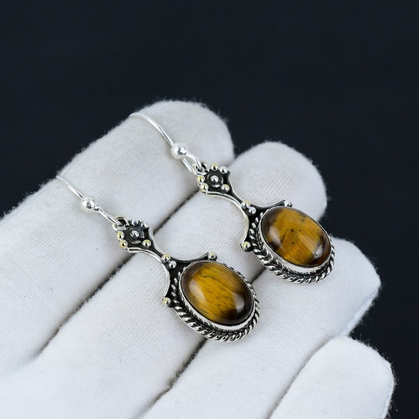 Tiger Eye Gemstone Earring, 925 Solid Silver Earring, Natural Tiger Eye Gemstone Earring, Boho Handmade Jewelry Earrings, Christmas Gifts