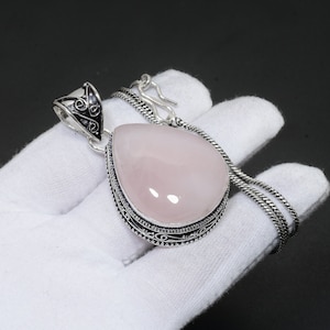 Rose Quartz Gemstone Silver Pendant With Silver Chain 925 Sterling Silver Pendant Handmade Pendant Necklace Silver Jewelry For Gift For Her