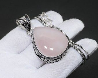 Rose Quartz Gemstone Silver Pendant With Silver Chain 925 Sterling Silver Pendant Handmade Pendant Necklace Silver Jewelry For Gift For Her