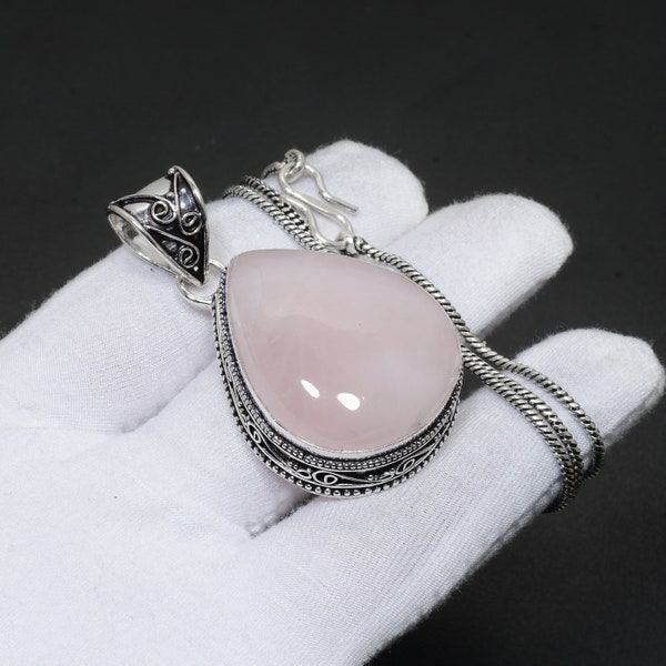 Colgante de plata con piedras preciosas de cuarzo rosa con cadena de plata Colgante de plata de ley 925 Collar colgante hecho a mano Joyas de plata para regalo para ella