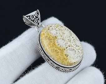 Fossil Coral Pendant, 925 Sterling Silver Pendant, Fossil Coral Handmade Pendant, Antique Fossil Coral Jewelry Gifts For Her, Gifts For Her