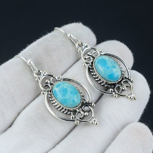 Natural Larimar Earring, Larimar Silver Earring, Larimar Oval Stone Earring, 925 Sterling Silver Earring, Gemstone Earring, Dangle Earring