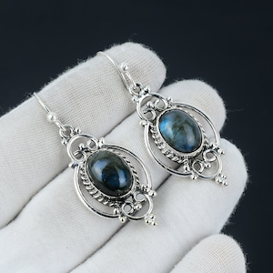 Echter Labradorit Ohrring, Labradorit Silber Ohrring, Oval Stein Ohrring, 925 Sterling Silber Ohrring, Edelstein Ohrring, Baumeln Ohrring