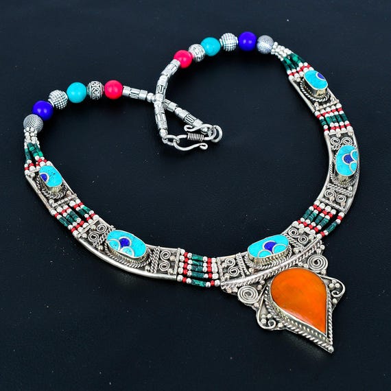 Collier Bohème Perles Argent 925 - Lapis-lazuli, Turquoise, Corail Naturel - Longueur 18 Pouces - Neuf