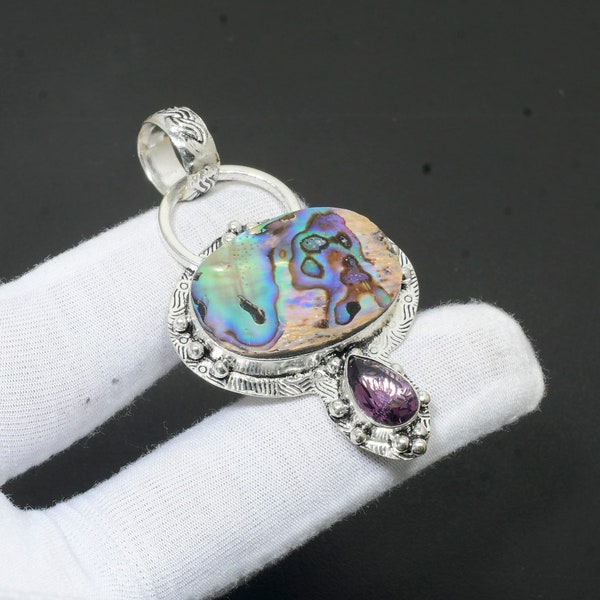 Abalone Shell, Amethyst Two Gemstone Pendant Handmade Designer Silver Pendant 925 Sterling Silver Pendant Anniversary Gift Jewelry For Women