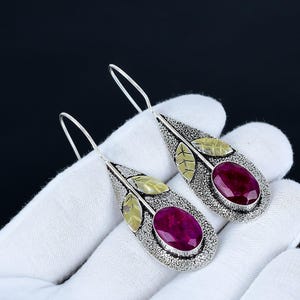 Kashmir Ruby Earrings, Golden Leaf Design Earrings, Oval Shape Gemstone Earrings, 925 Sterling Silver Jewelry, Christmas Gift For Girlfriend