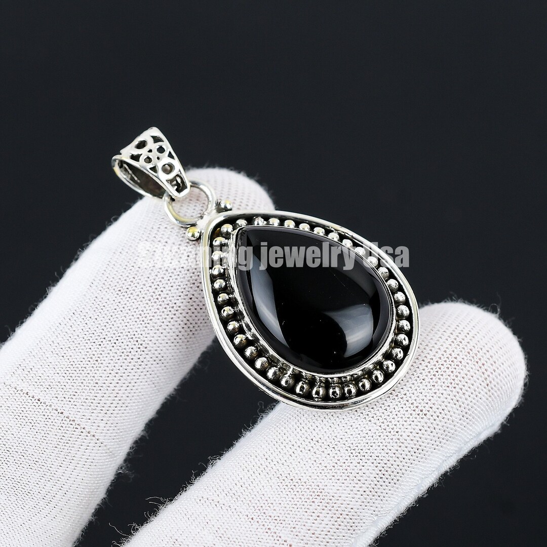 Black Onyx Pendant, 925 Sterling Solid Silver Pendant, Cut Pear Stone