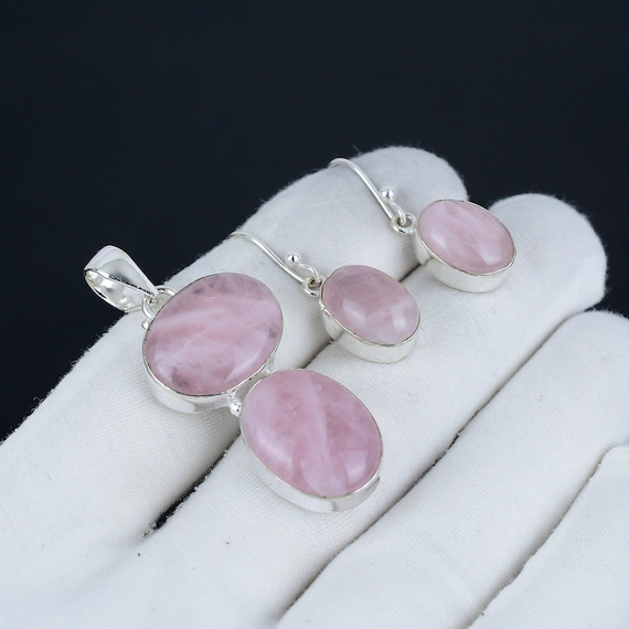 Rose Quartz Gemstone Handmade 925 Sterling Silver Pendant Earrings Set Natural Rose Quartz Gemstone Pendant Earring For Christmas Gifts