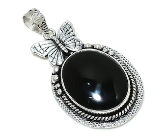 Pendentif de bijoux en argent sterling 925 fait main avec pierres précieuses en onyx noir, bijoux en onyx noir naturel, cadeau de Noël bohème, cadeau de Thanksgiving