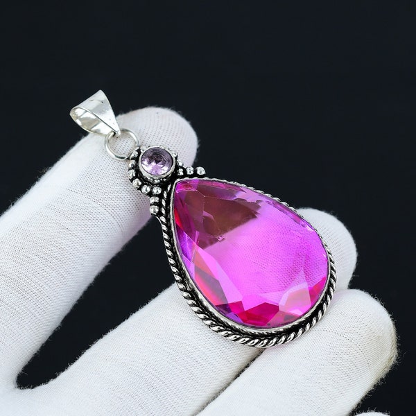 Pink Mystic Topaz, Kunzite Gemstone Handmade 925 Sterling Silver Pendant, Double Stone Gemstone Pendant, Jewelry For Gift For Best Friend