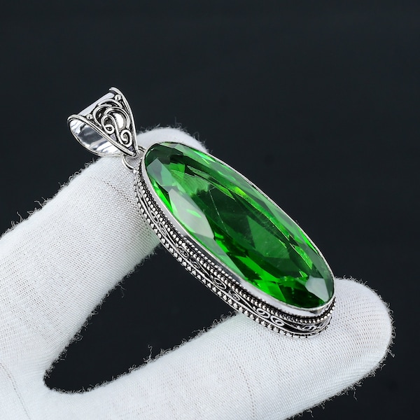 Long Green Tourmaline Gemstone Silver Pendant, 925 Sterling Silver Pendant, Silver Green Tourmaline Pendant For Her, Pendant For Gifts