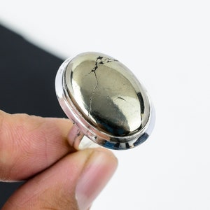 Pyrite Gold Gemstone Ring, 925 Sterling Silver Handmade Ring, All Size Available, Pyrite Oval Gemstone Ring, Rings For Women, Christmas Gift