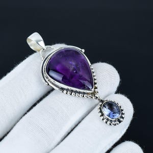 Natural Amethyst Teardrop Pendant in 925 Sterling Silver – Boho Healing Crystal Statement Necklace – Healing Unique Purple Gem Gift for Her