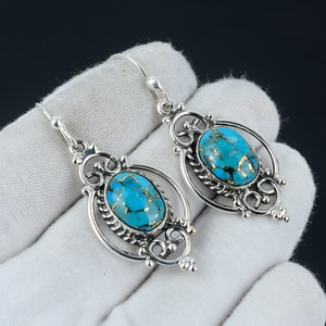 Boucle d'oreille en cuivre bleu turquoise, boucle d'oreille en argent turquoise, boucle d'oreille en pierre ovale, boucle d'oreille en argent sterling 925, boucle d'oreille en pierres précieuses, boucle d'oreille pendante