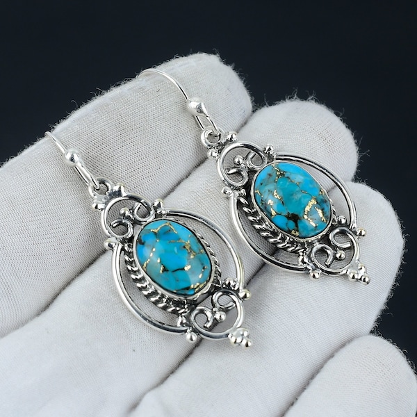 Blue Copper Turquoise Earring, Turquoise Silver Earring, Oval Stone Earring, 925 Sterling Silver Earring, Gemstone Earring, Dangle Earring