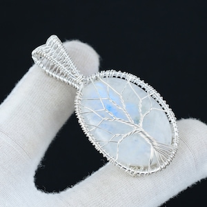 Rainbow Moonstone Pendant Gemstone, Handmade 925 Sterling Silver Pendant, Moonstone Wire Wrapped Jewelry, Wire Wrapped Tree Of Life Jewelry