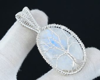 Rainbow Moonstone Pendant Gemstone, Handmade 925 Sterling Silver Pendant, Moonstone Wire Wrapped Jewelry, Wire Wrapped Tree Of Life Jewelry