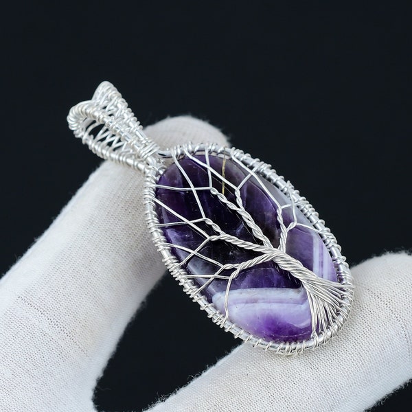 Chevron Amethyst Pendant Gemstone, Pendentif en argent sterling 925 fait à la main, Oval Chevron Amethyst Gemstone, Wire Wrapped Tree Of Life Jewelry