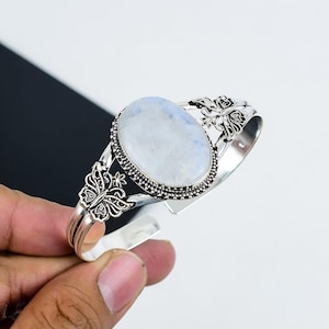 Natural Moonstone Bangle 925 Sterling Silver Bangle Bracelet, Butterfly Handcrafted Design, Adjustable Fit Unique Artisan Jewelry For Gift