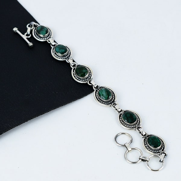 Emerald Gemstone Bracelet, 925 Sterling Silver Bracelet, Emerald Handmade Bracelet, Thanksgiving gifts, Christmas Gifts, Gifts For Women