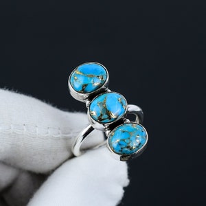 Three Stone Blue Copper Turquoise Ring, 925 Sterling Silver Ring For Women, Boho Statement Ring, Natural Blue Turquoise Jewelry,Ring For Her