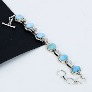 Natural Larimar, Moonstone Bracelet Natural Bracelet Larimar Moonstone Gemstone Handmade 925 Sterling Silver Bracelet For Gift For Christmas