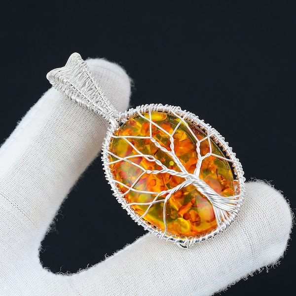 Baltic Amber Pendant Gemstone, Handmade 925 Sterling Silver Pendant, Baltic Amber Wire Wrapped Jewelry, Wire Wrapped Tree Of Life Jewelry