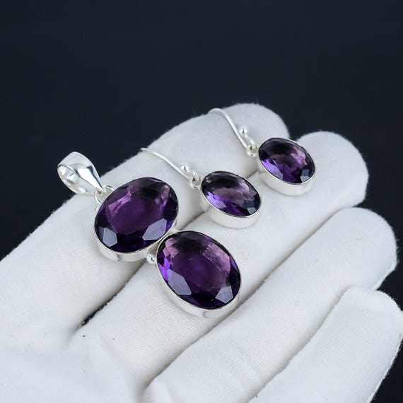 Amethyst Gemstone Handmade 925 Sterling Silver Pendant Earrings Set Amethyst Gemstone Pendant Earring Christmas Gifts Jewelry Set For Her