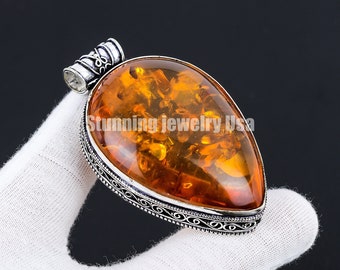 Baltic Amber Silver Pendant 925 Sterling Silver Pendant Silver Jewelry, Amber Designer Pendant, Handmade Gift Healing Gemstone Jewelry