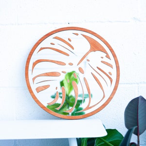 Boho Wood Round Monstera Mirror, Decorative Plant Mirror, Gift for Daughter