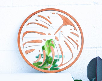 Boho Wood Round Monstera Mirror, Decorative Plant Mirror, Gift for Daughter